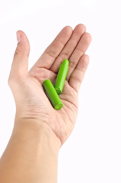 Hand Holds Broken Green Crayon — Stock Photo, Image