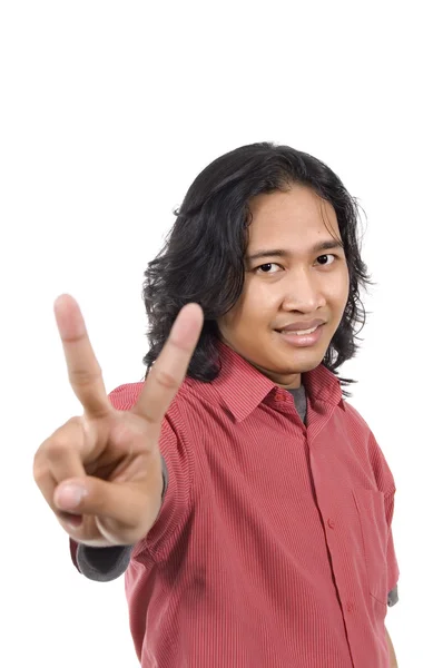 Long hair man give number two by hand gesture — Stock Photo, Image