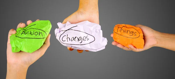 Hands Holding Crumpled Paper With Action Changes Things Writing — Stock Photo, Image