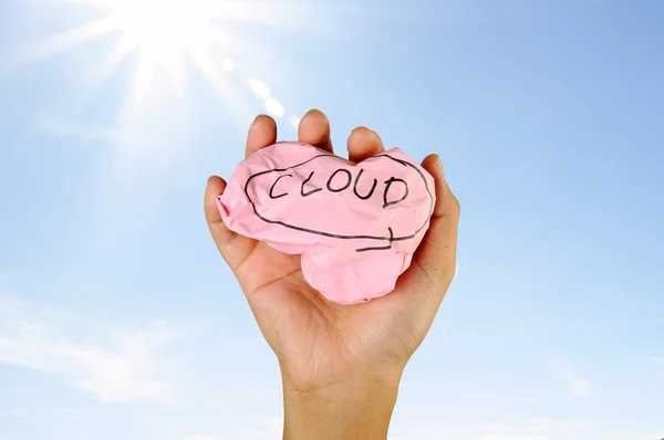 Hand Holding Crumpled Paper With Cloud Writing — Stock Photo, Image