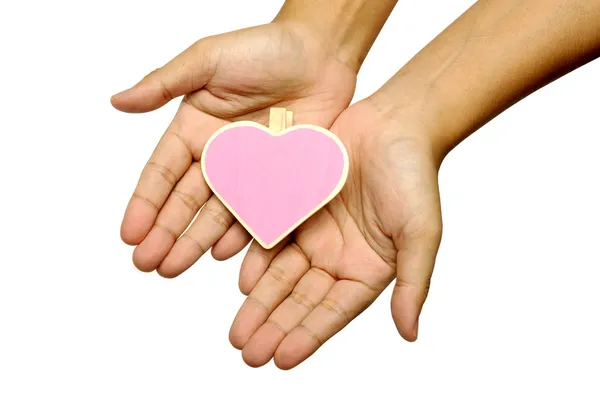 Human Hand Holding Heart Shape Wooden Sign — Stock Photo, Image