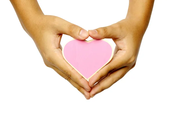 Human Hand Holding Heart Shape Wooden Sign — Stock Photo, Image