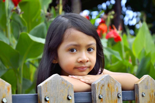 Ahşap çit arkasındaki küçük kız — Stok fotoğraf
