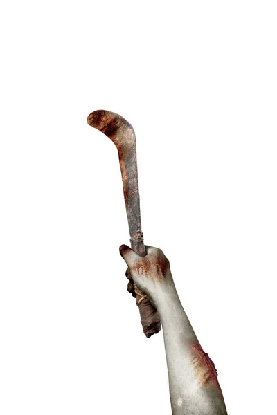 Руки Зомбі Раною Тримає Серпа Ізольовані Білому Тлі — стокове фото