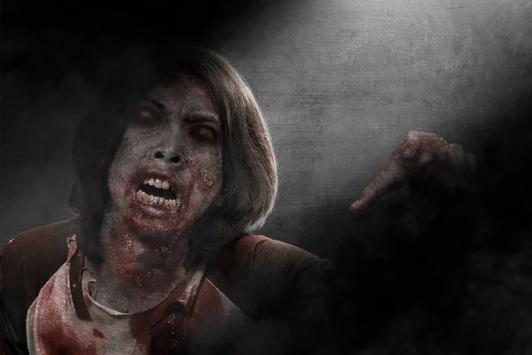 Enge Zombie Met Bloed Wond Zijn Lichaam Staan Met Donkere — Stockfoto