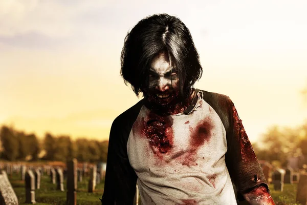 Scary Zombie Blood Wound His Body Walking Cemetery — Stock Photo, Image