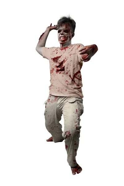 Scary Zombie Blood Wound His Body Standing Isolated White Background — Stock Photo, Image