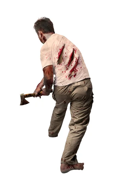 身上有血和伤痕的可怕僵尸拿着斧头站在白色的背景上 — 图库照片