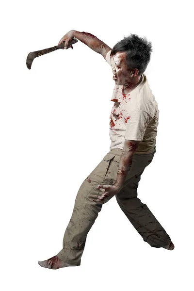 Scary Zombie Blood Wound His Body Holding Sickle Standing Isolated — Stock Photo, Image