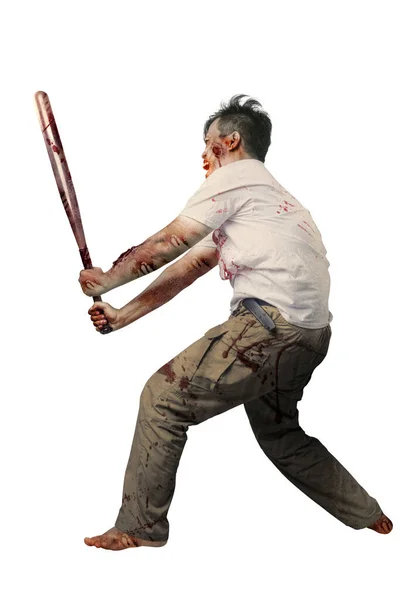 Scary Zombie Blood Wound His Body Holding Baseball Bat Standing — Stock Photo, Image