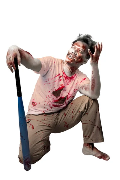 Scary Zombie Blood Wound His Body Holding Baseball Bat Standing — Stock Photo, Image