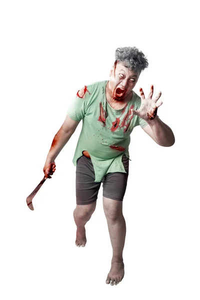Zumbi Assustador Com Sangue Ferida Seu Corpo Segurando Foice Isolado — Fotografia de Stock