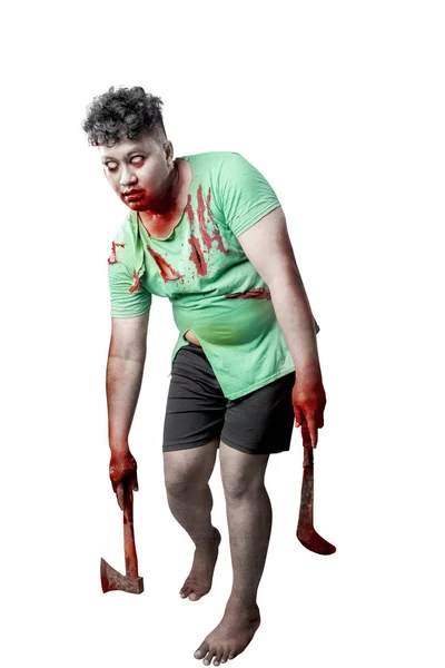 Scary Zombie Blood Wound His Body Holding Sickle Standing Isolated — Stock Photo, Image