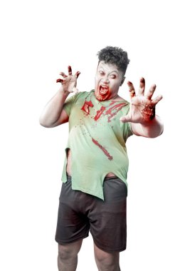 Vücudunda kan ve yara olan korkunç zombi beyaz arka planda tek başına duruyor.