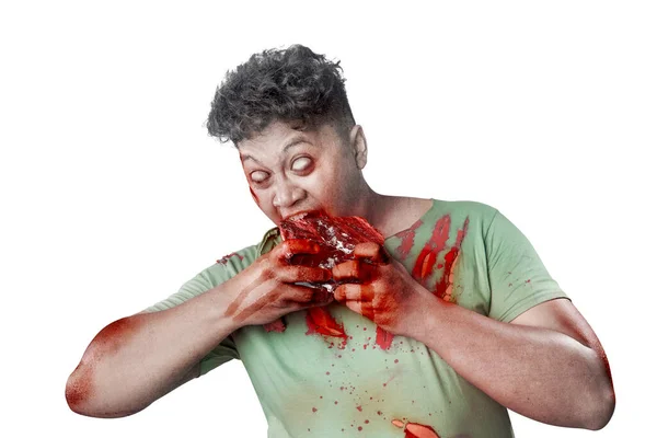 Zumbi Assustador Com Sangue Ferida Seu Corpo Comer Carne Crua — Fotografia de Stock