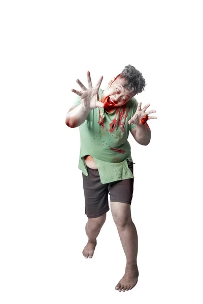 Zombie Asustadizo Con Sangre Herida Cuerpo Pie Aislado Sobre Fondo — Foto de Stock