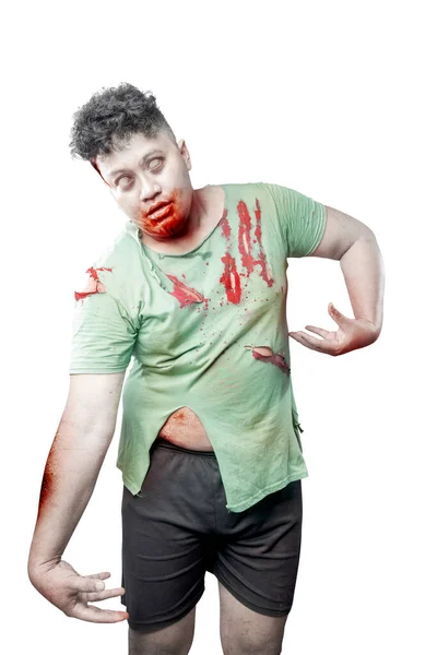 Scary Zombie Blood Wound His Body Standing Isolated White Background — Stock Photo, Image