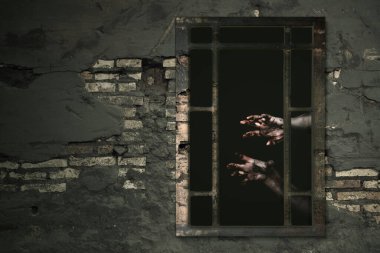 Pencerenin arkasında yaralı ve kanlı bir zombi eli.
