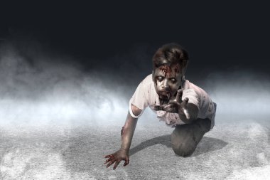 Vücudunda kan ve yara olan korkunç zombiler karanlık arka planda emekliyor.