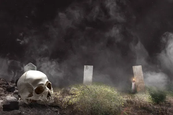 Lidská Lebka Hřbitově Tmavým Pozadím — Stock fotografie
