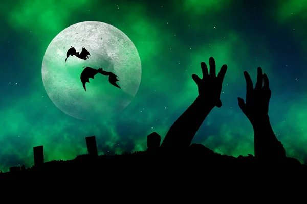 Silhouet Van Zombie Hand Opgeheven Uit Grond Met Vliegende Vleermuizen — Stockfoto
