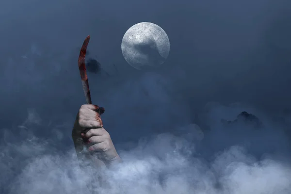 Zombie Hands Wound Holding Sickle Night Scene Background — Stock Photo, Image