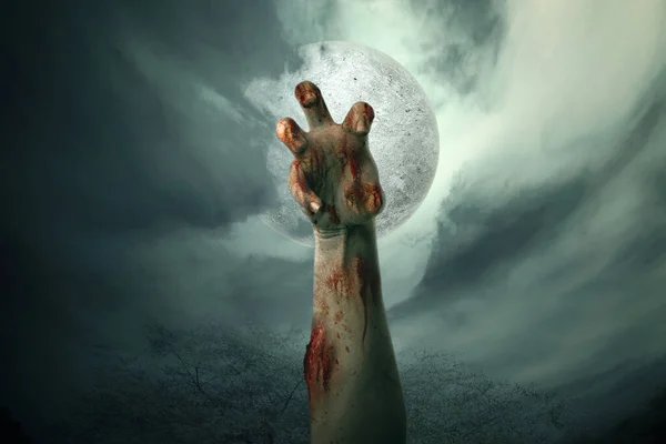 Zombie Χέρι Αίμα Και Πληγή Έθεσε Φόντο Σκηνή Νύχτα — Φωτογραφία Αρχείου