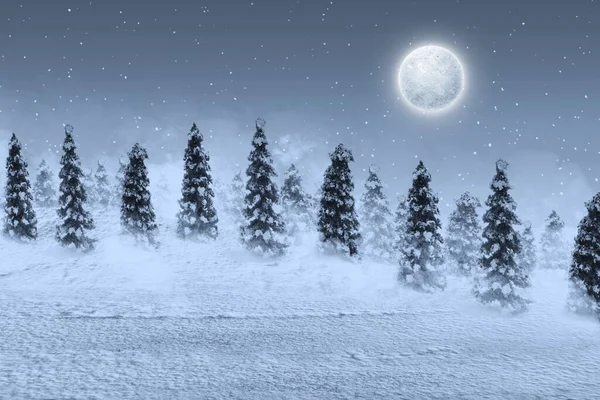 Snowy Fir Trees Snowfall Full Moon Night — Stock Photo, Image