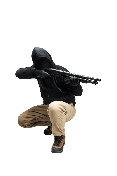 Hombre Criminal Con Máscara Oculta Apuntando Escopeta Aislada Sobre Fondo — Foto de Stock