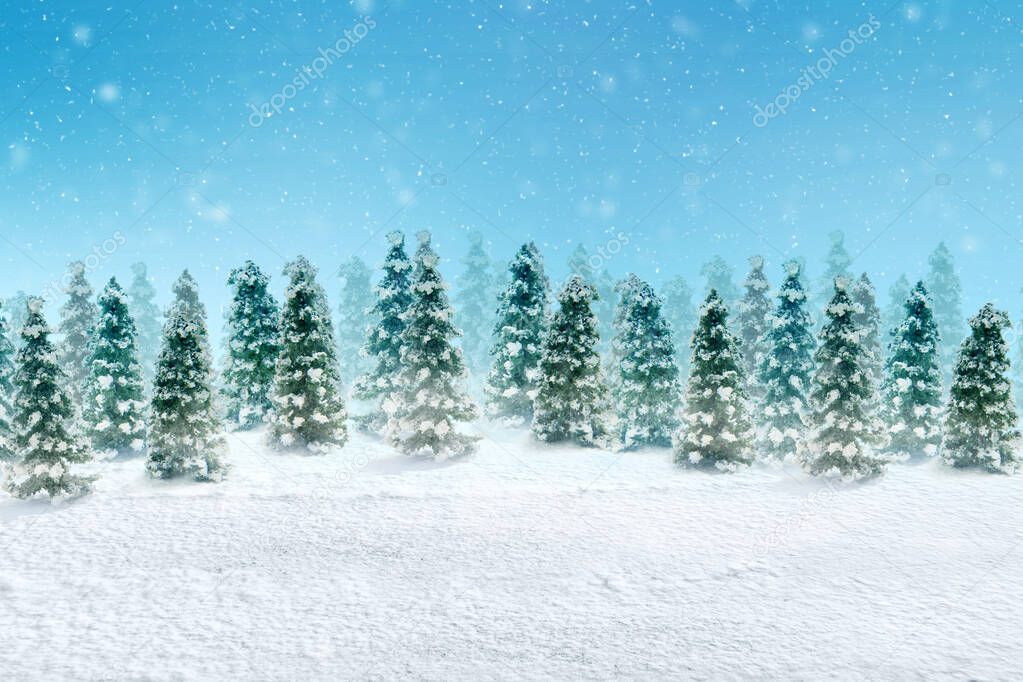 Snowy fir trees with snowfall background