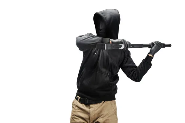 Brottsling Man Dold Mask Håller Hagelgevär Isolerad Över Vit Bakgrund — Stockfoto