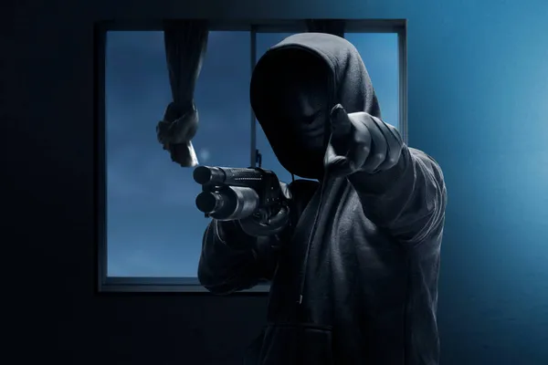 Criminal Man Hidden Mask Hold Shotgun Points Something While Robbery — Stock Photo, Image