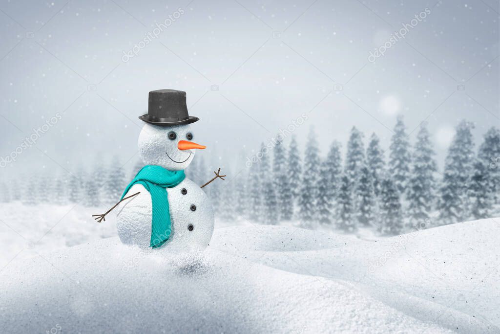 Snowman with a black hat on the snowfield with snowfall background