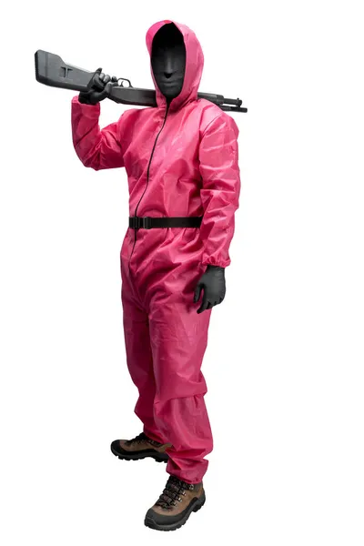 Mann Mit Pinkfarbener Uniform Hält Die Schrotflinte Isoliert Über Weißem — Stockfoto