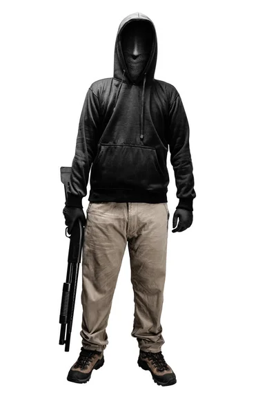 Tüfeği Tutan Maskeli Suçlu Beyaz Arka Planda Izole Edilmiş — Stok fotoğraf