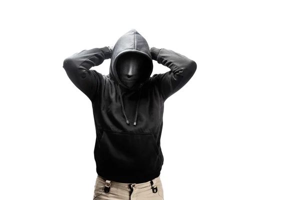 Hombre Criminal Con Una Máscara Oculta Levantó Una Mano Detrás —  Fotos de Stock