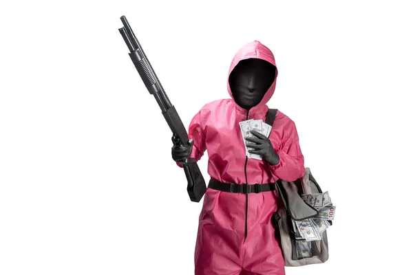 Рожевий Охоронець Тримає Рушницю Несе Сумку Грошима Ізольовано Білому Тлі — стокове фото