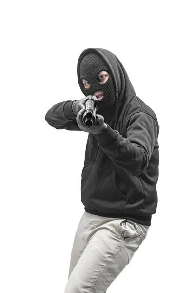 Brottsling Man Dold Mask Pekar Hagelgevär Isolerad Över Vit Bakgrund — Stockfoto