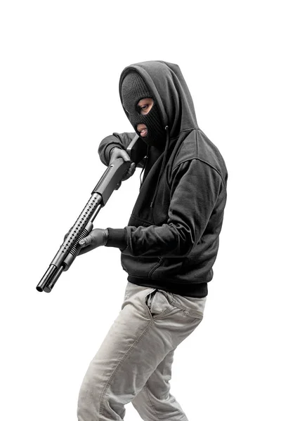Homme Criminel Masque Caché Pointant Fusil Isolé Sur Fond Blanc — Photo