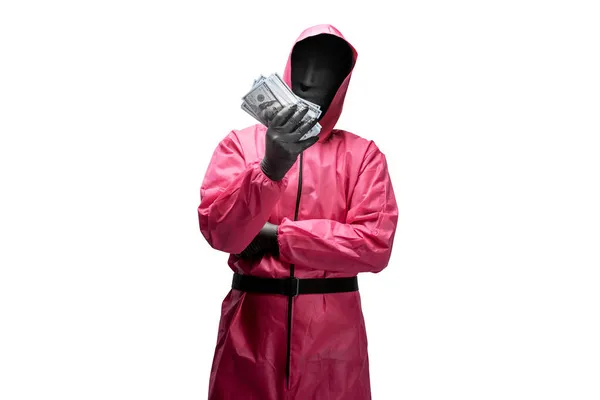 Kriminell Man Rosa Uniform Och Dold Mask Som Håller Pengarna — Stockfoto