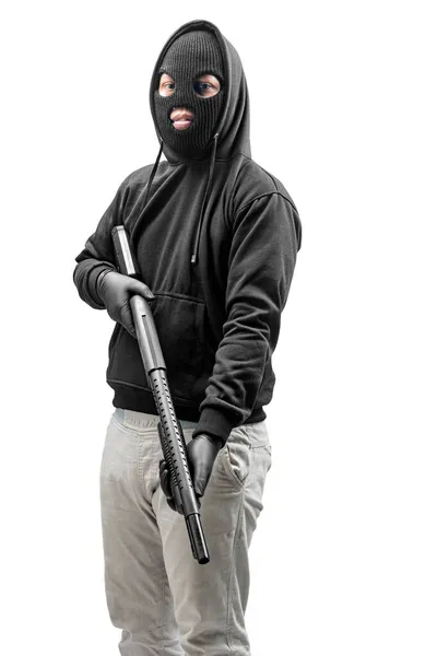 Hombre Criminal Con Una Máscara Oculta Sosteniendo Escopeta Aislada Sobre — Foto de Stock