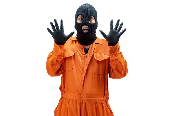 Homme Criminel Masque Caché Avec Uniforme Prisonnier Isolé Sur Fond — Photo