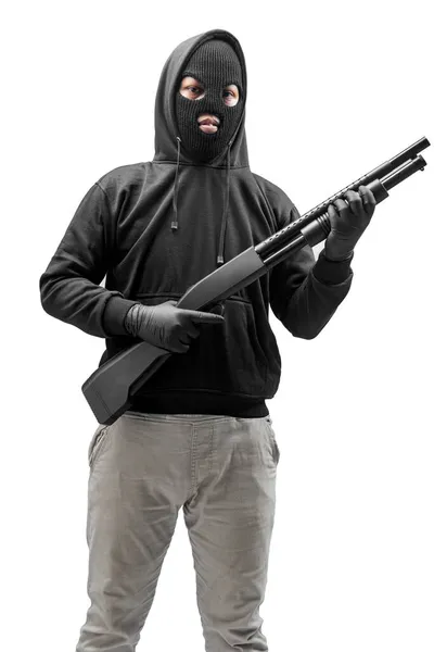 Homme Criminel Dans Masque Caché Tenant Fusil Isolé Sur Fond — Photo