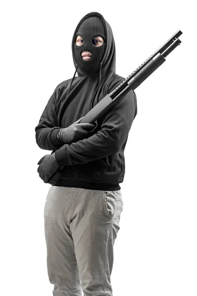 Homme Criminel Dans Masque Caché Tenant Fusil Isolé Sur Fond — Photo