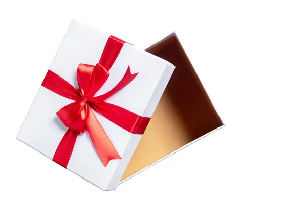 Открытая Белая Подарочная Коробка Красной Лентой Белом Фоне — стоковое фото