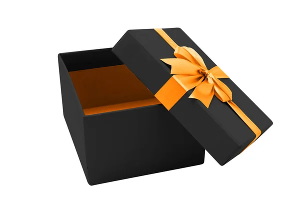 打开的黑色礼品盒 金色缎带与白色背景隔离 — 图库照片