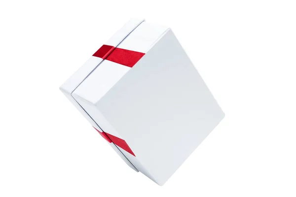 White Gift Box Red Ribbon Isolated White Background — Stock Photo, Image