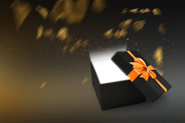 Opened Black Gift Box Golden Ribbon Blurred Light Background Black — Stock Photo, Image