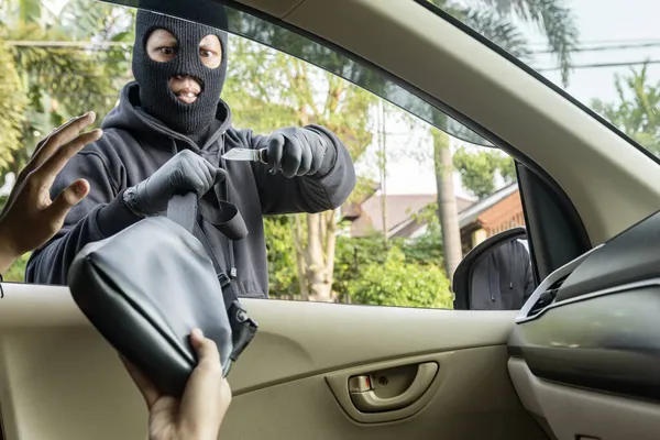 Car Thief Man Pointing Knife Stealing Bag Driver Street — Stock Photo, Image