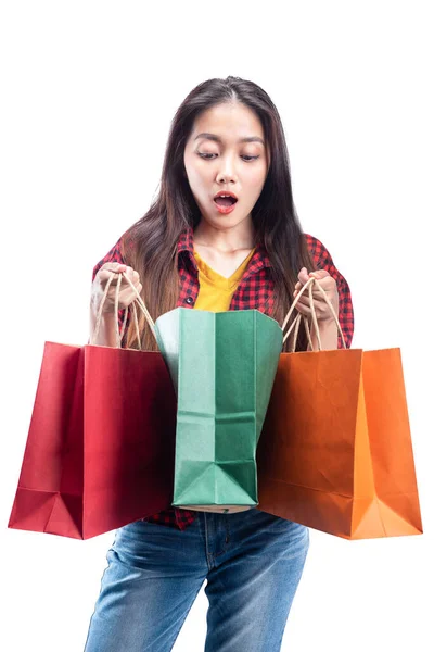 Asian Woman Opening Shopping Bags Isolated White Background — Stock Photo, Image